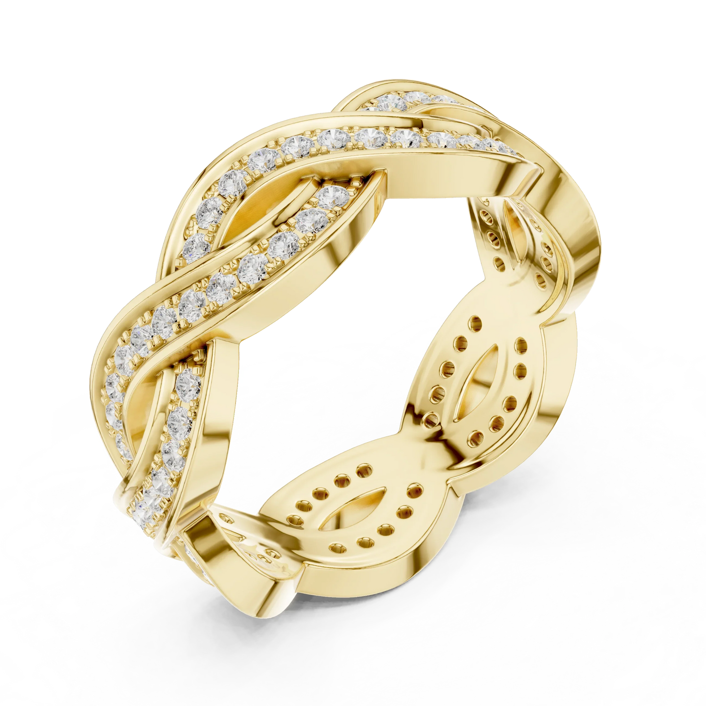 Front view of yellow gold braided infinity eternity band showcasing round brilliant lab-grown diamonds