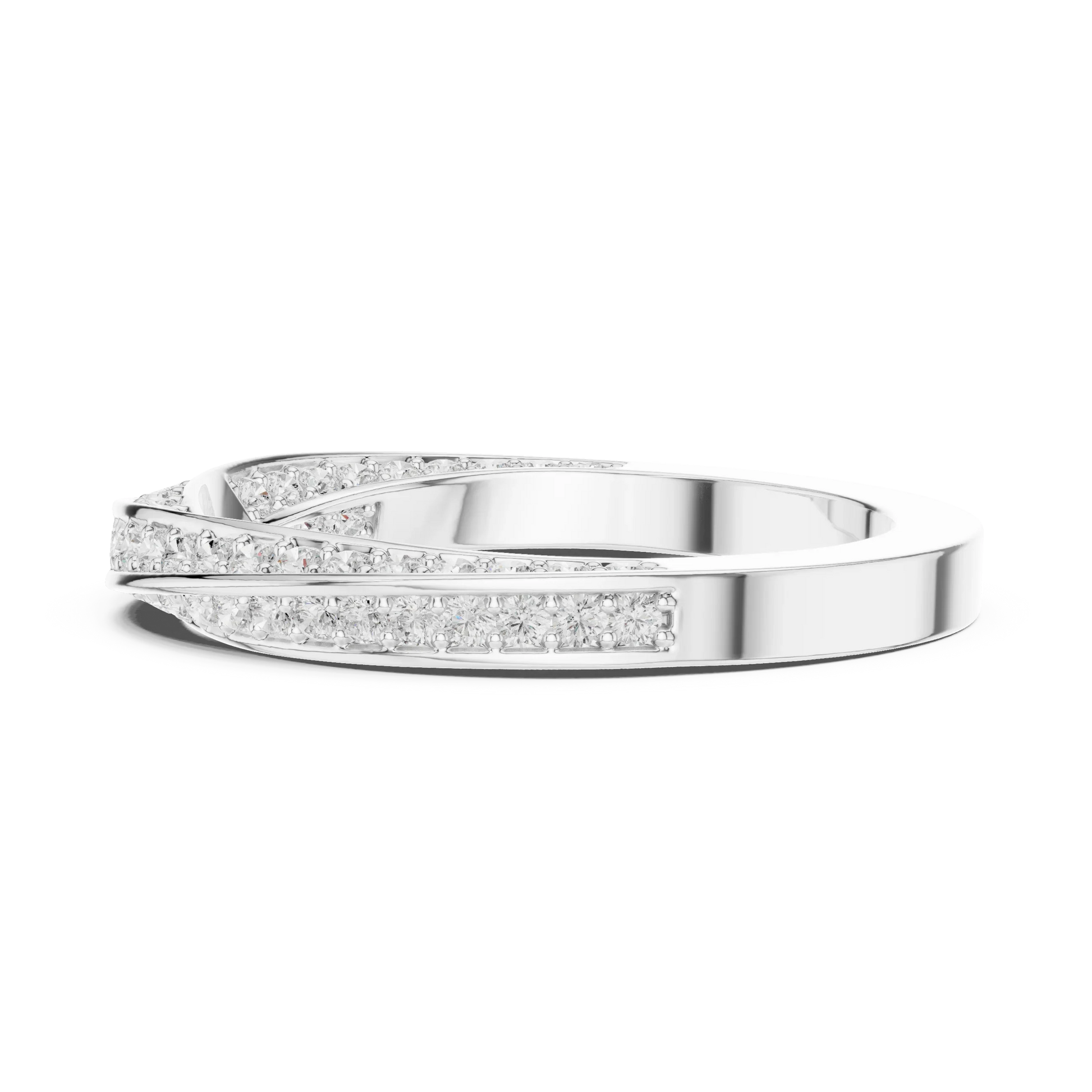 Side view of white gold eternity band highlighting crossover twist pattern and pav茅 diamond setting