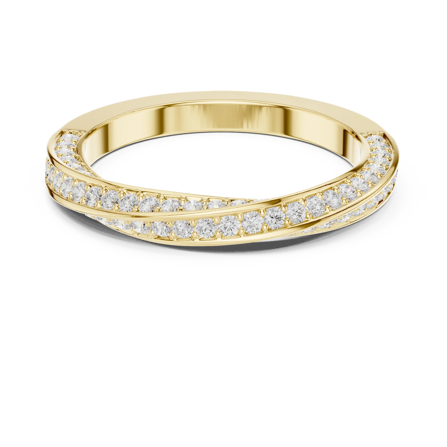 Round brilliant crossover twist pav茅 eternity band with lab-grown diamonds in yellow gold with classic luxury appeal