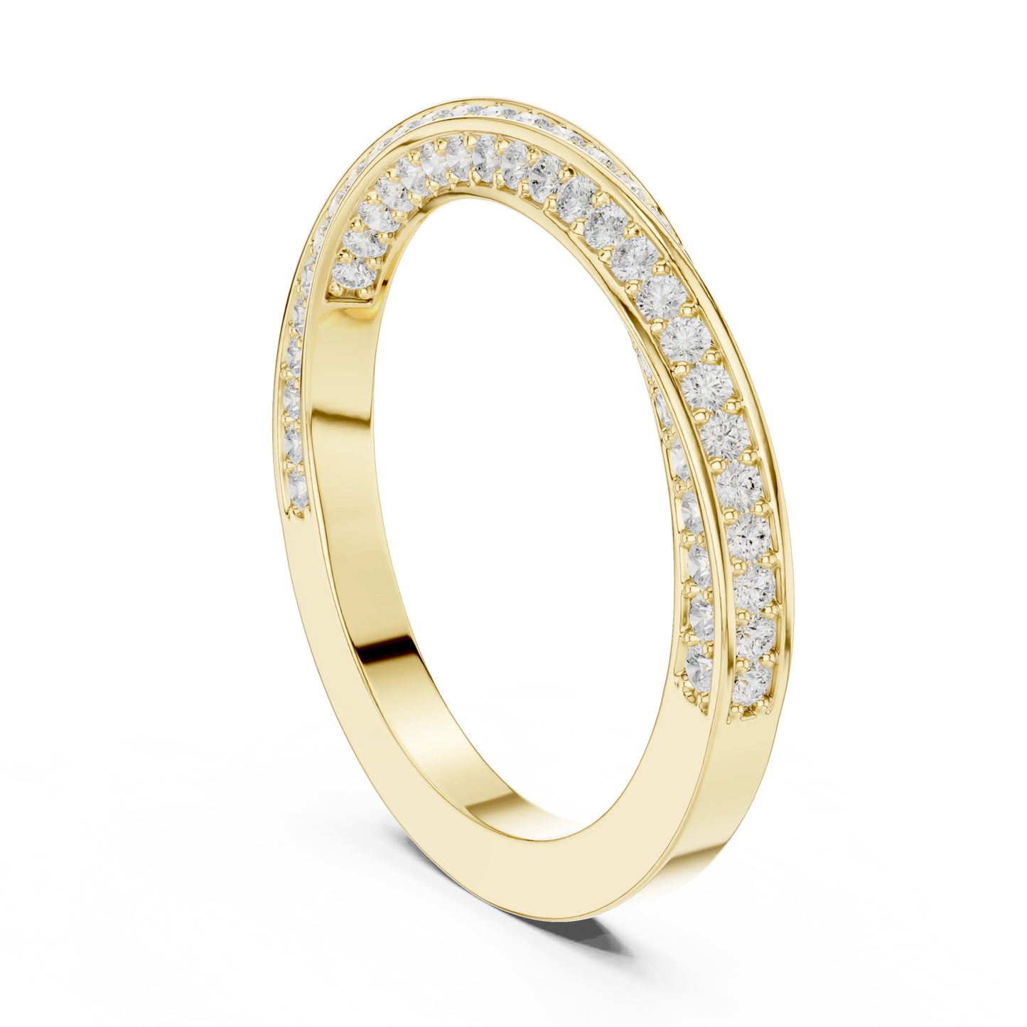Back view of yellow gold eternity band with crossover twist design and pav茅 set round lab-grown diamonds