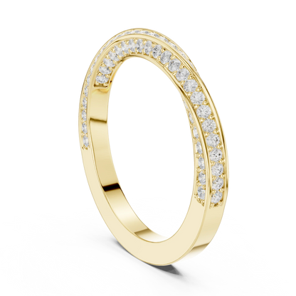 Back view of yellow gold eternity band with crossover twist design and pav茅 set round lab-grown diamonds