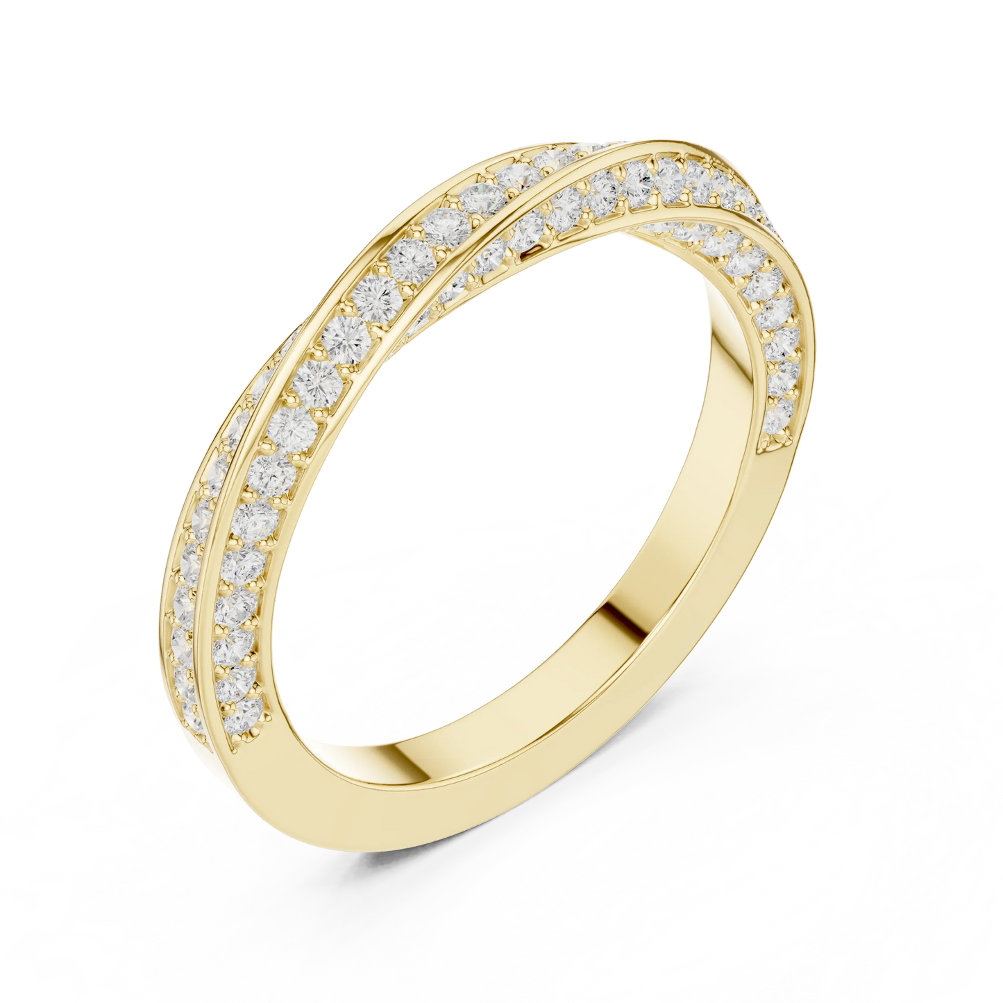 Front view of yellow gold crossover twist pav茅 eternity band showcasing round brilliant lab-grown diamonds