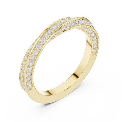 Front view of yellow gold crossover twist pav茅 eternity band showcasing round brilliant lab-grown diamonds