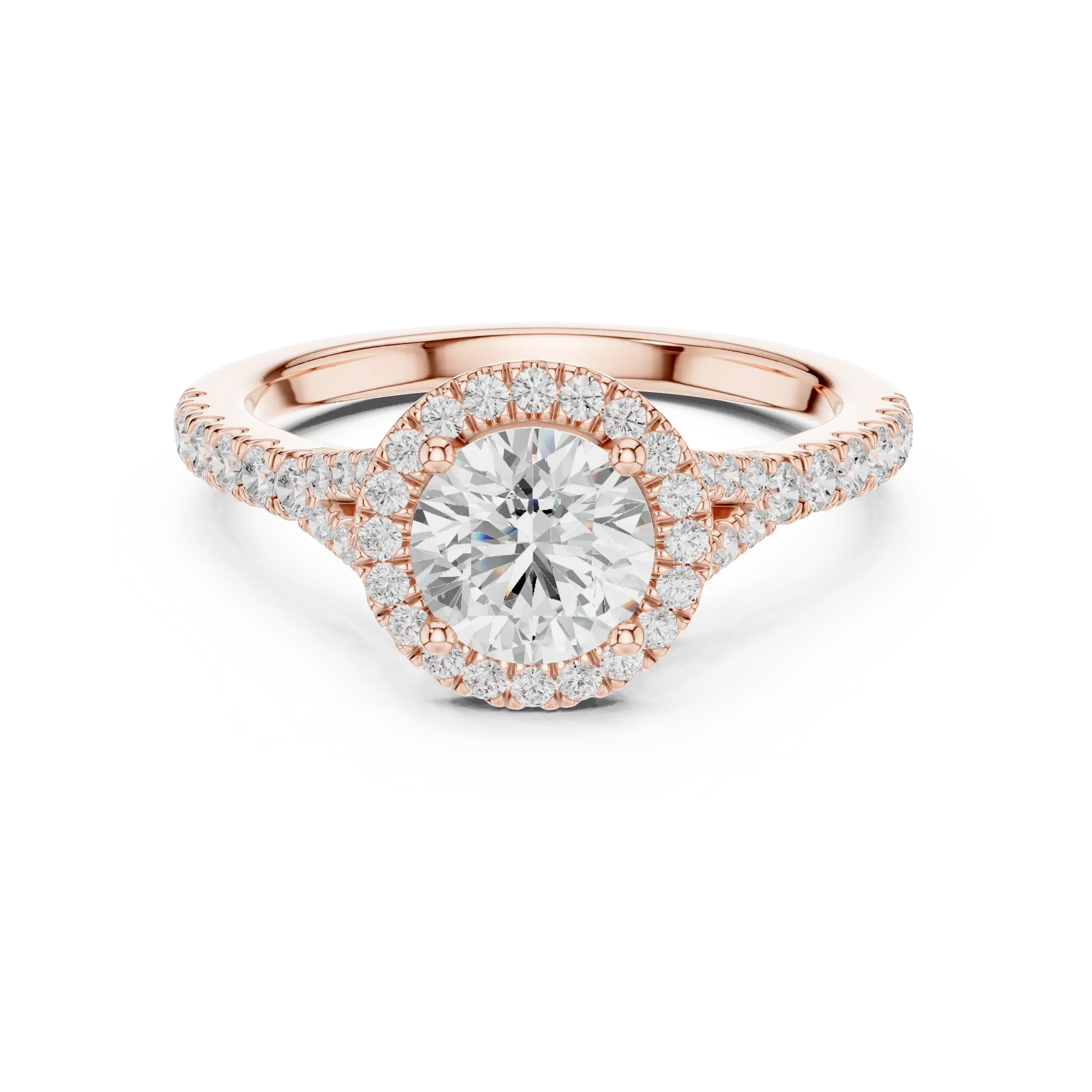 Round brilliant halo engagement ring with split pav茅 diamond band in rose gold, lab grown diamond, Australia DFE