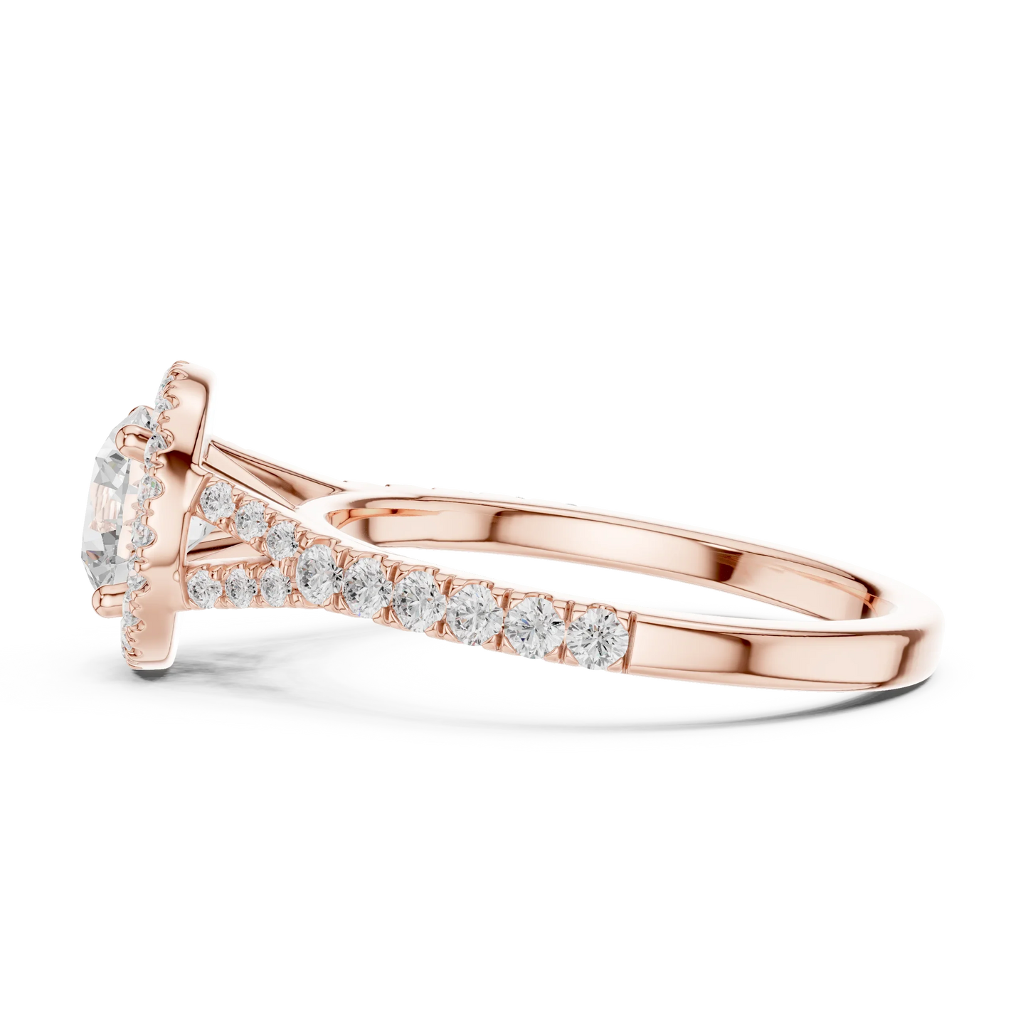 Round brilliant halo engagement ring with split pav茅 diamond band in rose gold, lab grown diamond, side view, Australia DFE