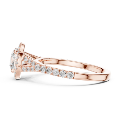 Round brilliant halo engagement ring with split pav茅 diamond band in rose gold, lab grown diamond, side view, Australia DFE