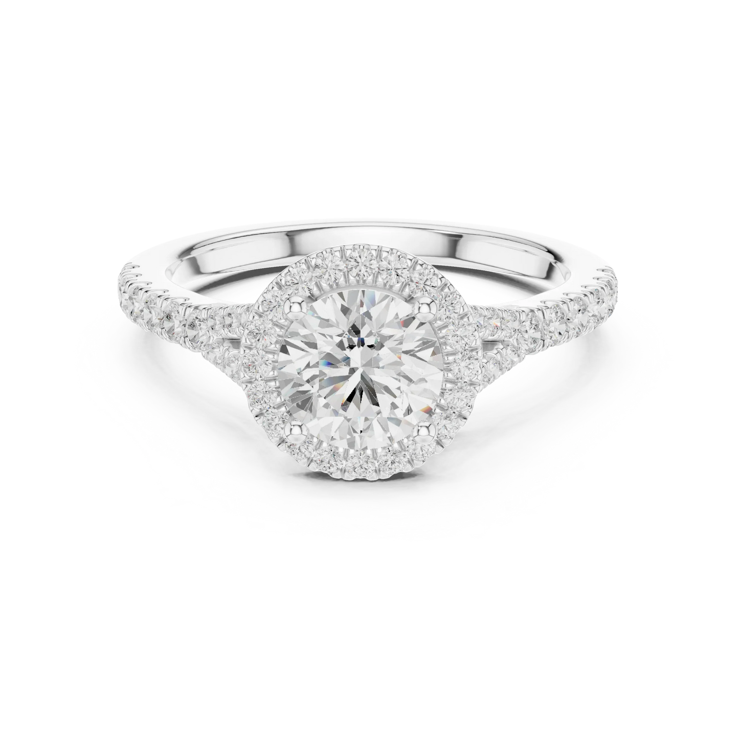 Round brilliant halo engagement ring with split pav茅 diamond band in white gold, lab grown diamond, Australia DFE
