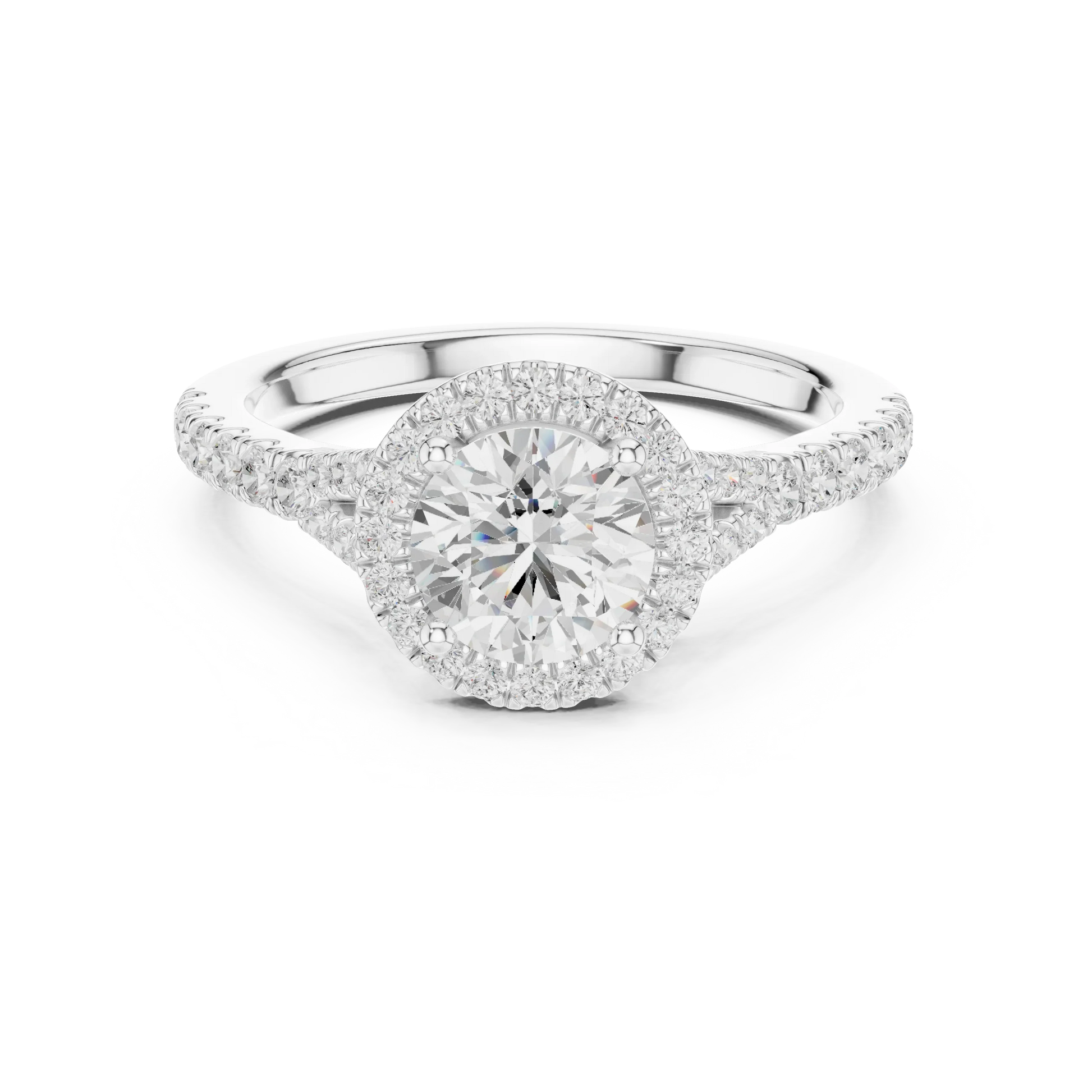 Round brilliant halo engagement ring with split pav茅 diamond band in white gold, lab grown diamond, Australia DFE