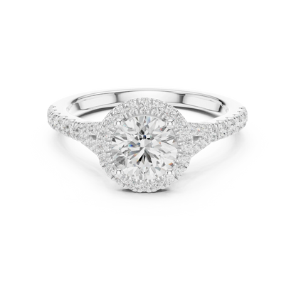 Round brilliant halo engagement ring with split pav茅 diamond band in white gold, lab grown diamond, Australia DFE