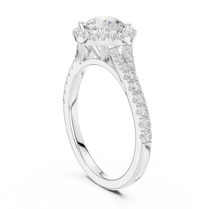 Round brilliant halo engagement ring with split pav茅 diamond band in white gold, lab grown diamond, back view, Australia DFE