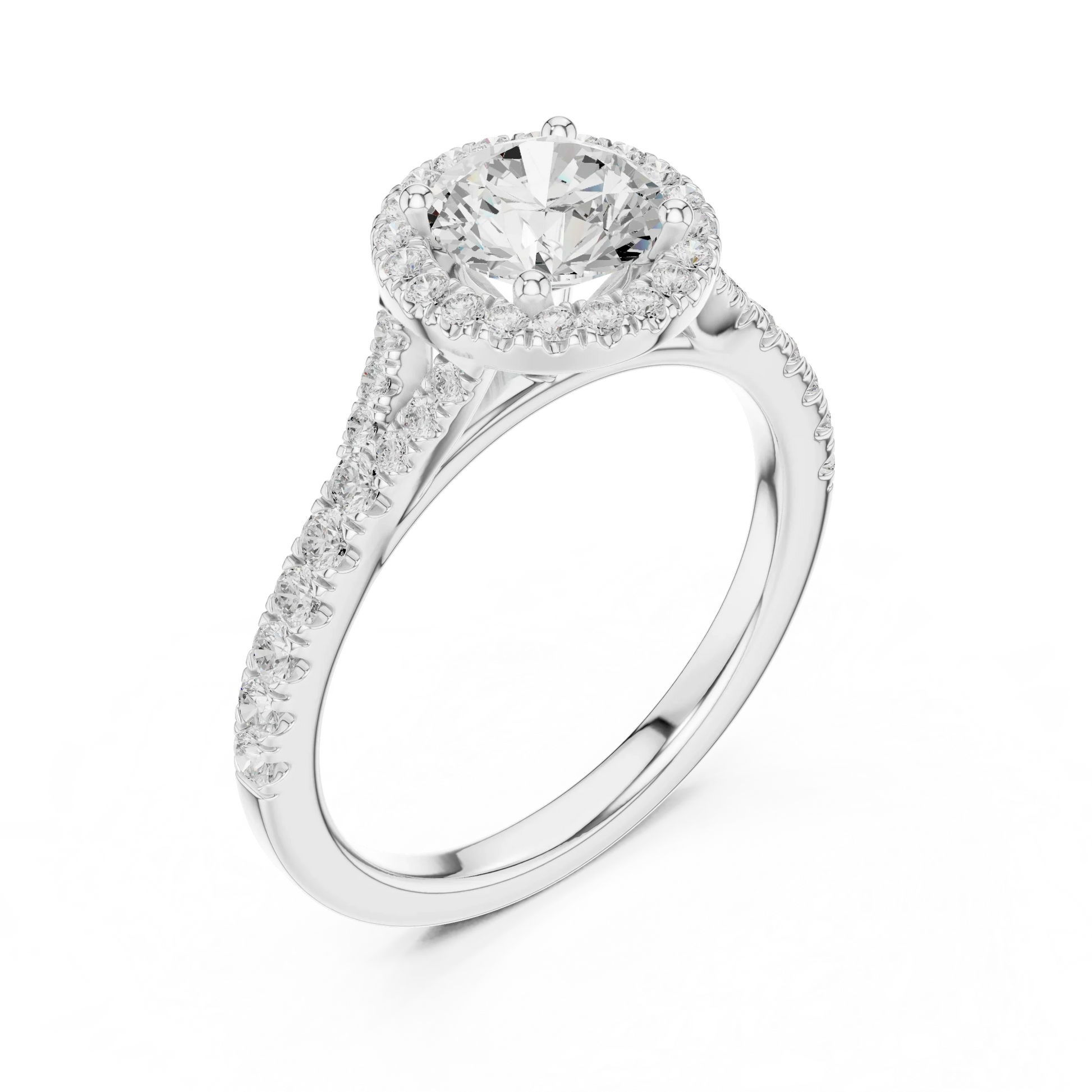 Round brilliant halo engagement ring with split pav茅 diamond band in white gold, lab grown diamond, front view, Australia DFE