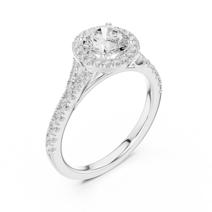 Round brilliant halo engagement ring with split pav茅 diamond band in white gold, lab grown diamond, front view, Australia DFE