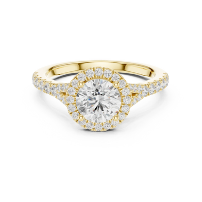 Round brilliant halo engagement ring with split pav茅 diamond band in yellow gold, lab grown diamond, Australia DFE