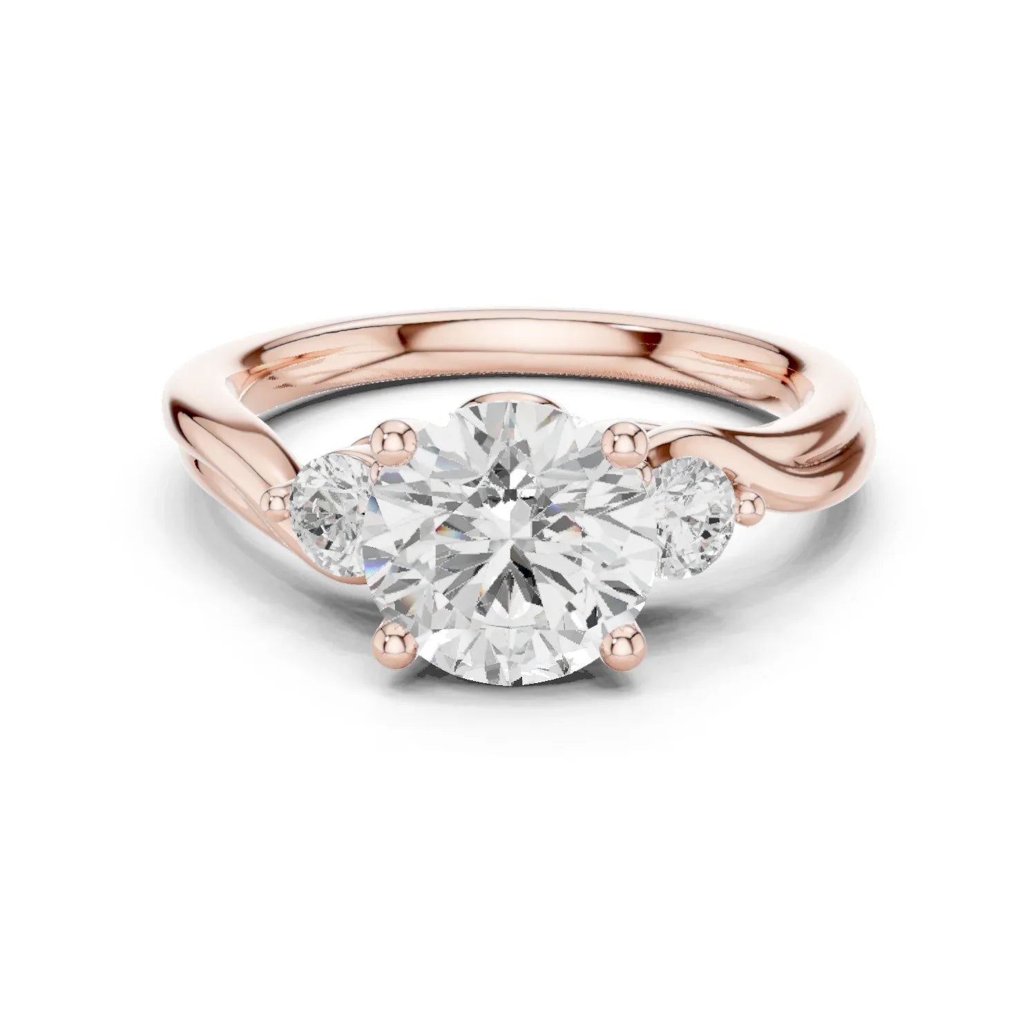 Round brilliant three stone ring with side diamonds on twisted vine shank in rose gold with modern romantic finish