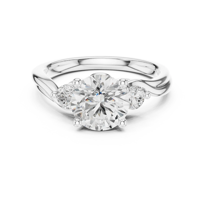 Round brilliant three stone ring with round side diamonds on twisted vine shank in white gold with lab-grown diamonds, elegant nature-inspired design, Australia collection