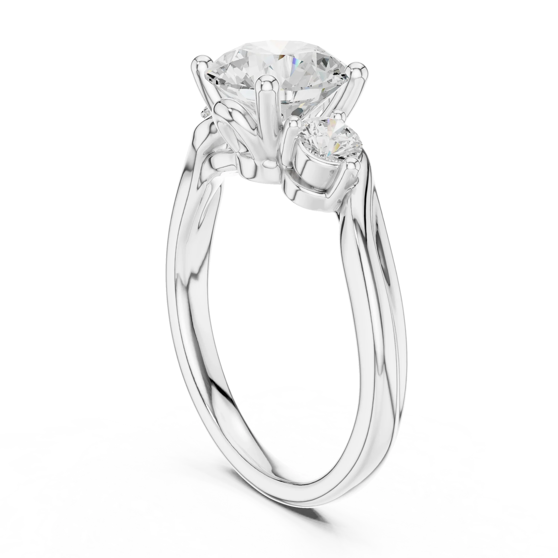 Back view of white gold three stone ring with twisted vine shank and round brilliant side diamonds
