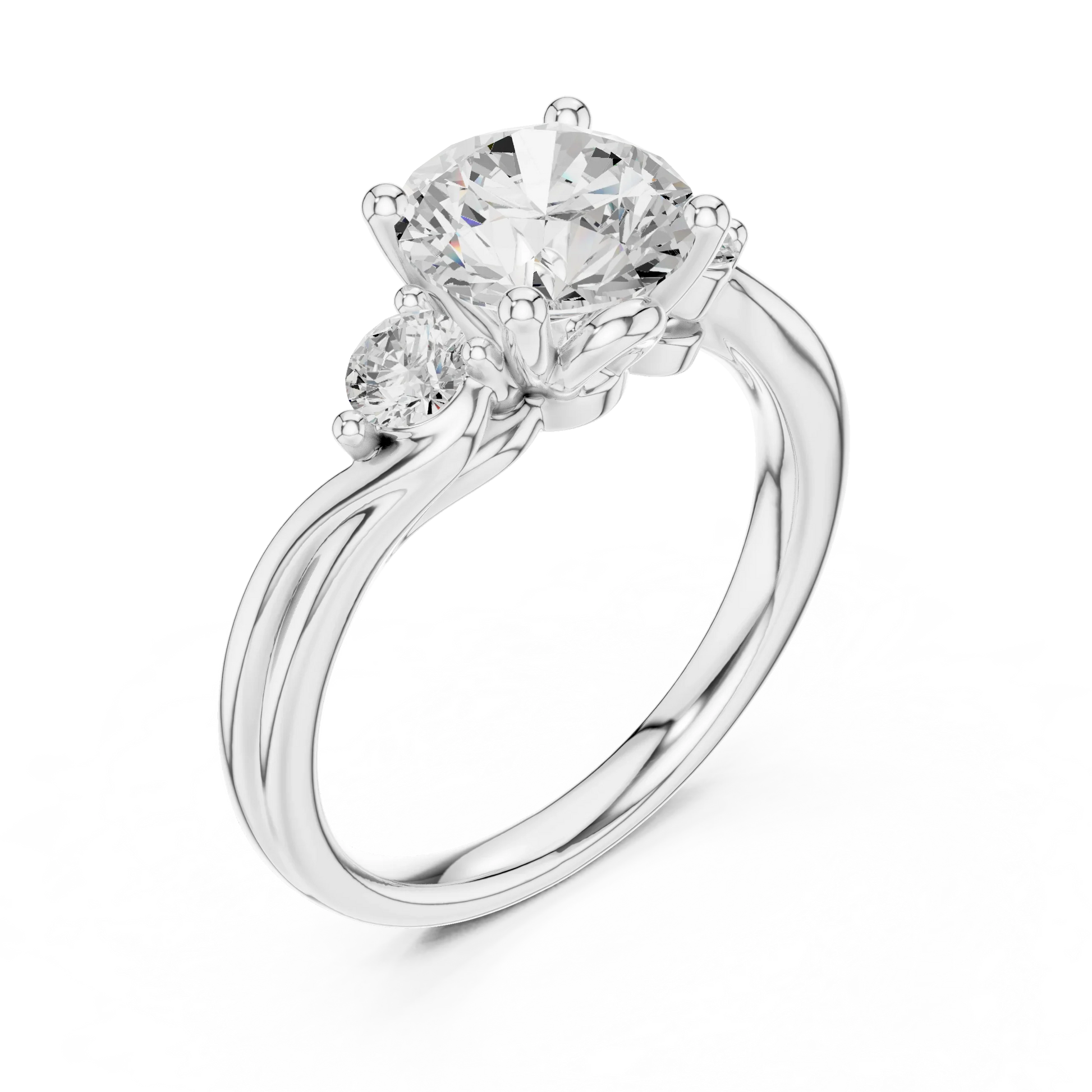 Front view of white gold round brilliant three stone ring with twisted vine shank and side diamonds
