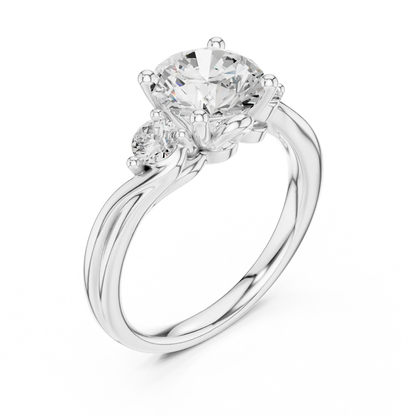 Front view of white gold round brilliant three stone ring with twisted vine shank and side diamonds