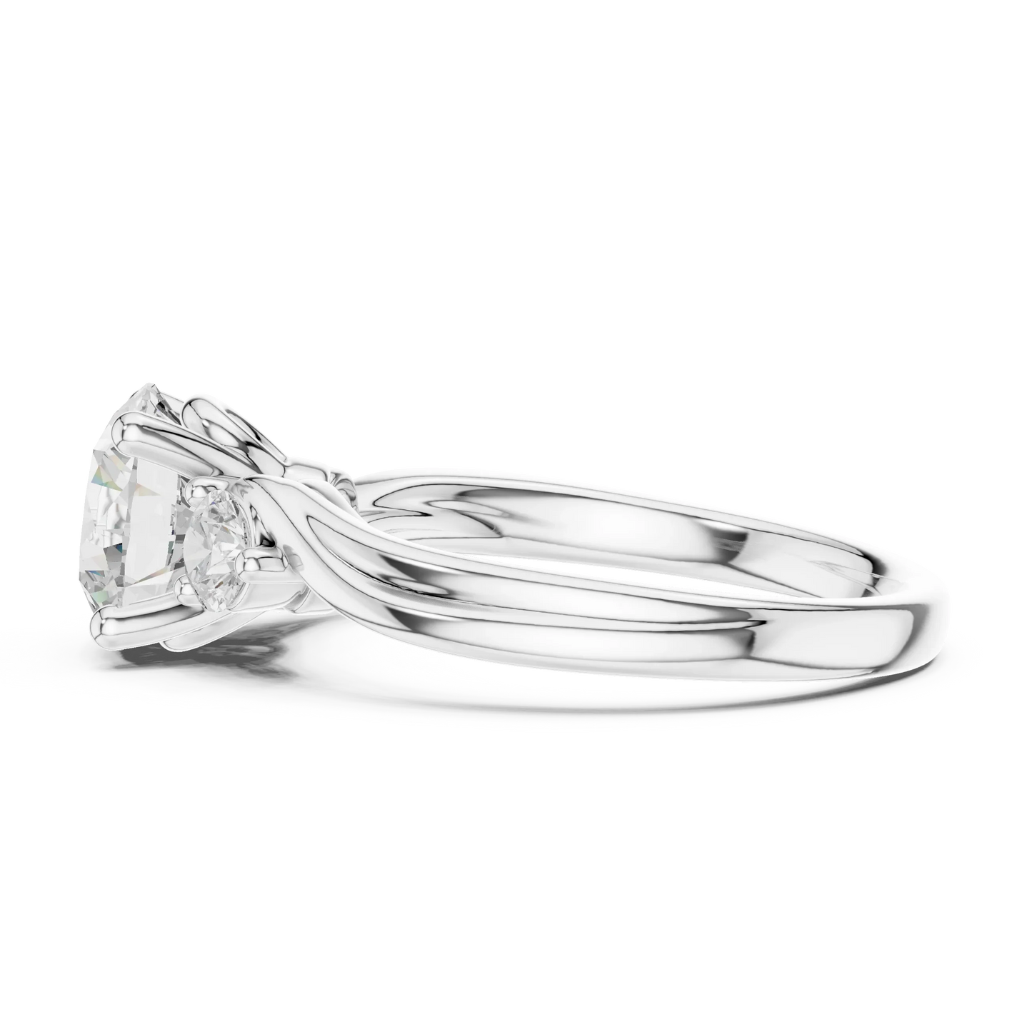 Side view of white gold three stone ring highlighting twisted vine shank and round brilliant diamond setting