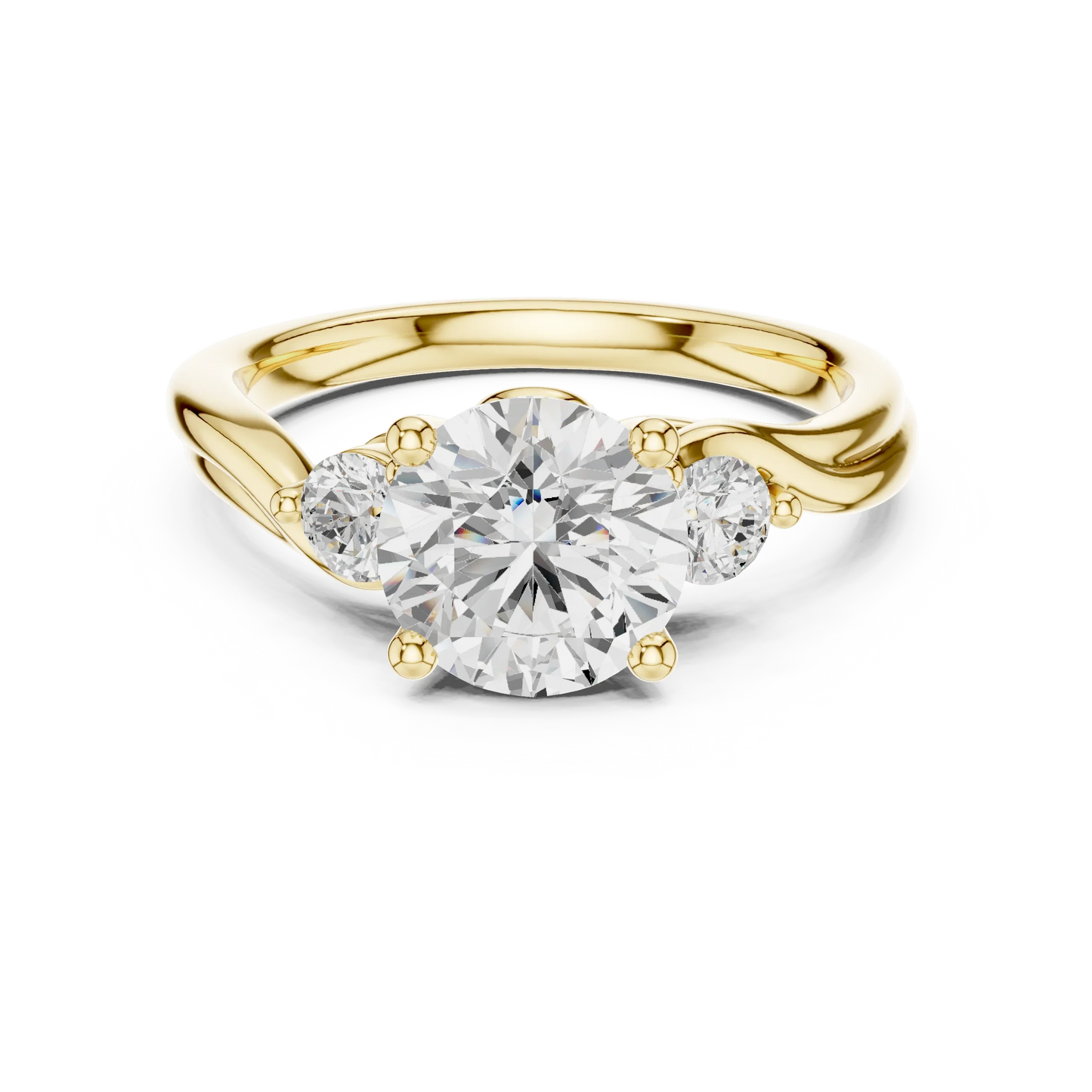 Round brilliant three stone ring with side diamonds on twisted vine shank in yellow gold with classic luxury appeal