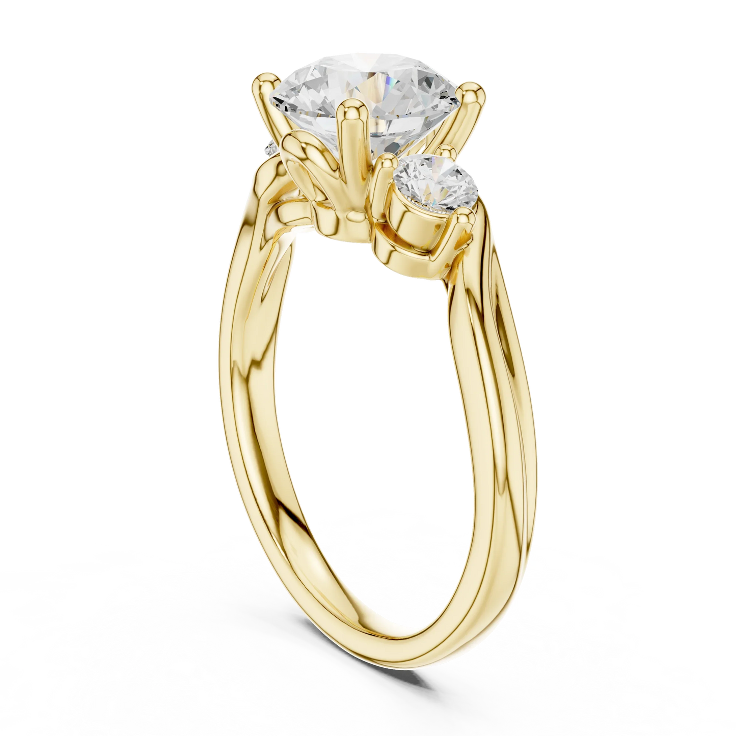 Back view of yellow gold three stone ring with twisted vine shank and round brilliant side diamonds