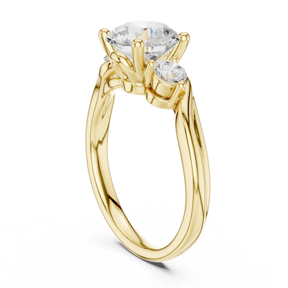 Back view of yellow gold three stone ring with twisted vine shank and round brilliant side diamonds