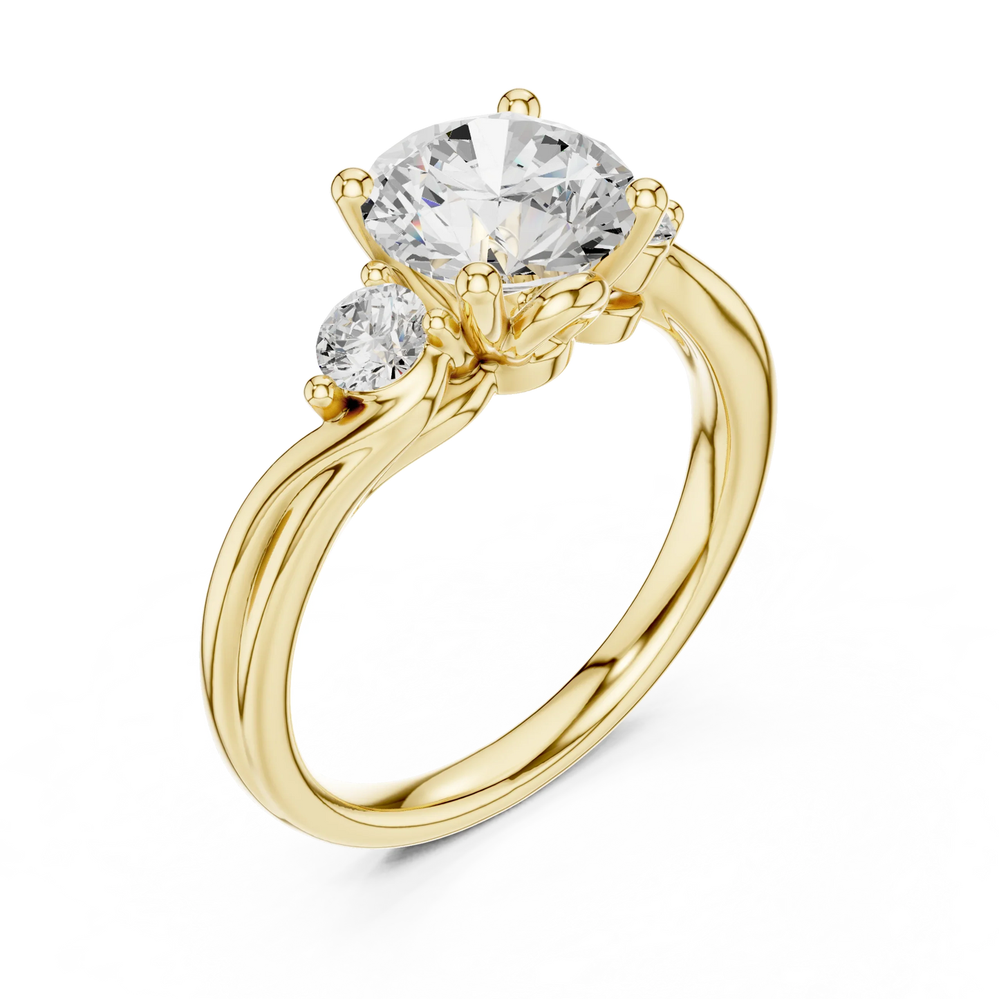 Front view of yellow gold round brilliant three stone ring with twisted vine shank and side diamonds