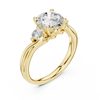 Front view of yellow gold round brilliant three stone ring with twisted vine shank and side diamonds