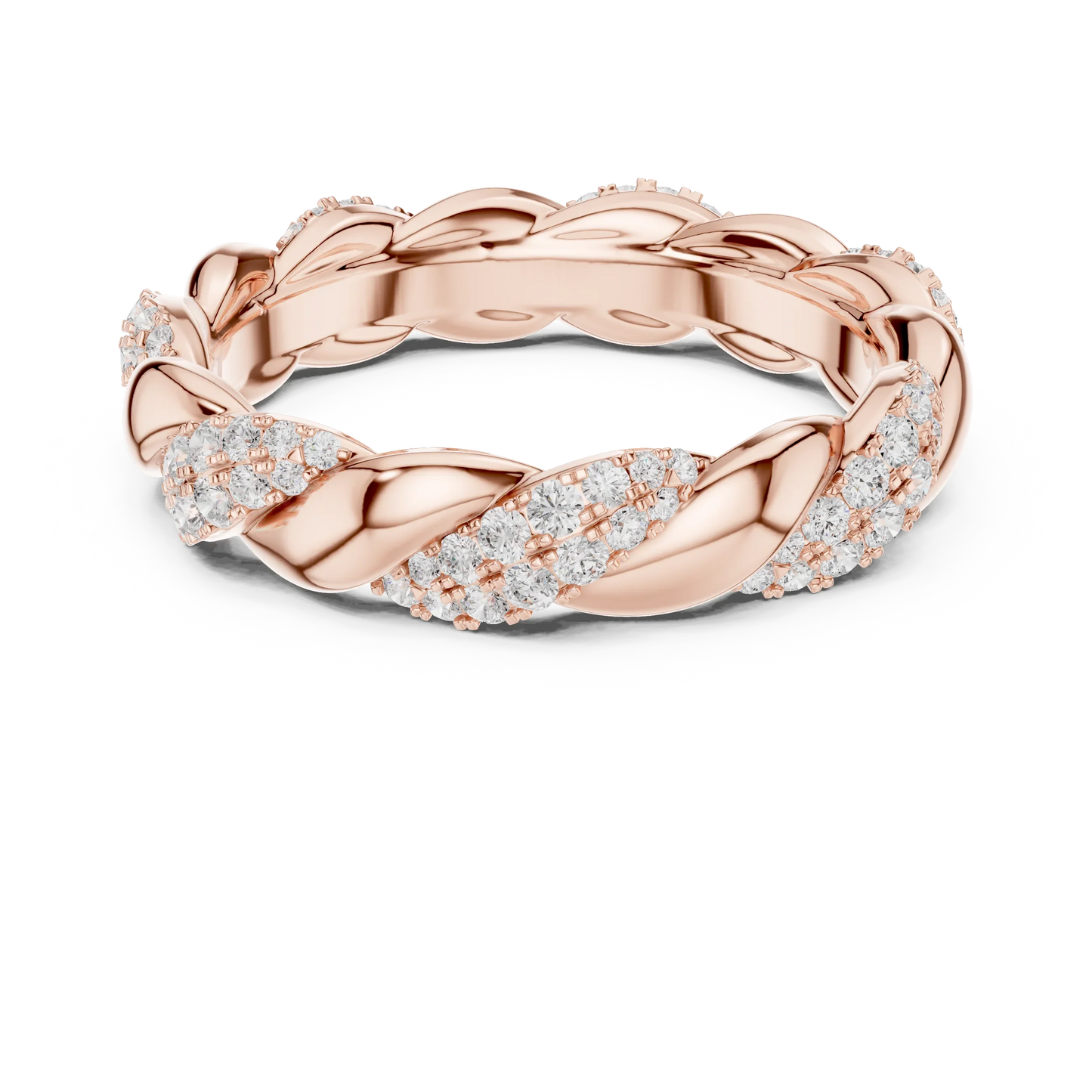 Round brilliant twisted rope pav茅 eternity band with lab-grown diamonds in rose gold with modern romantic finish