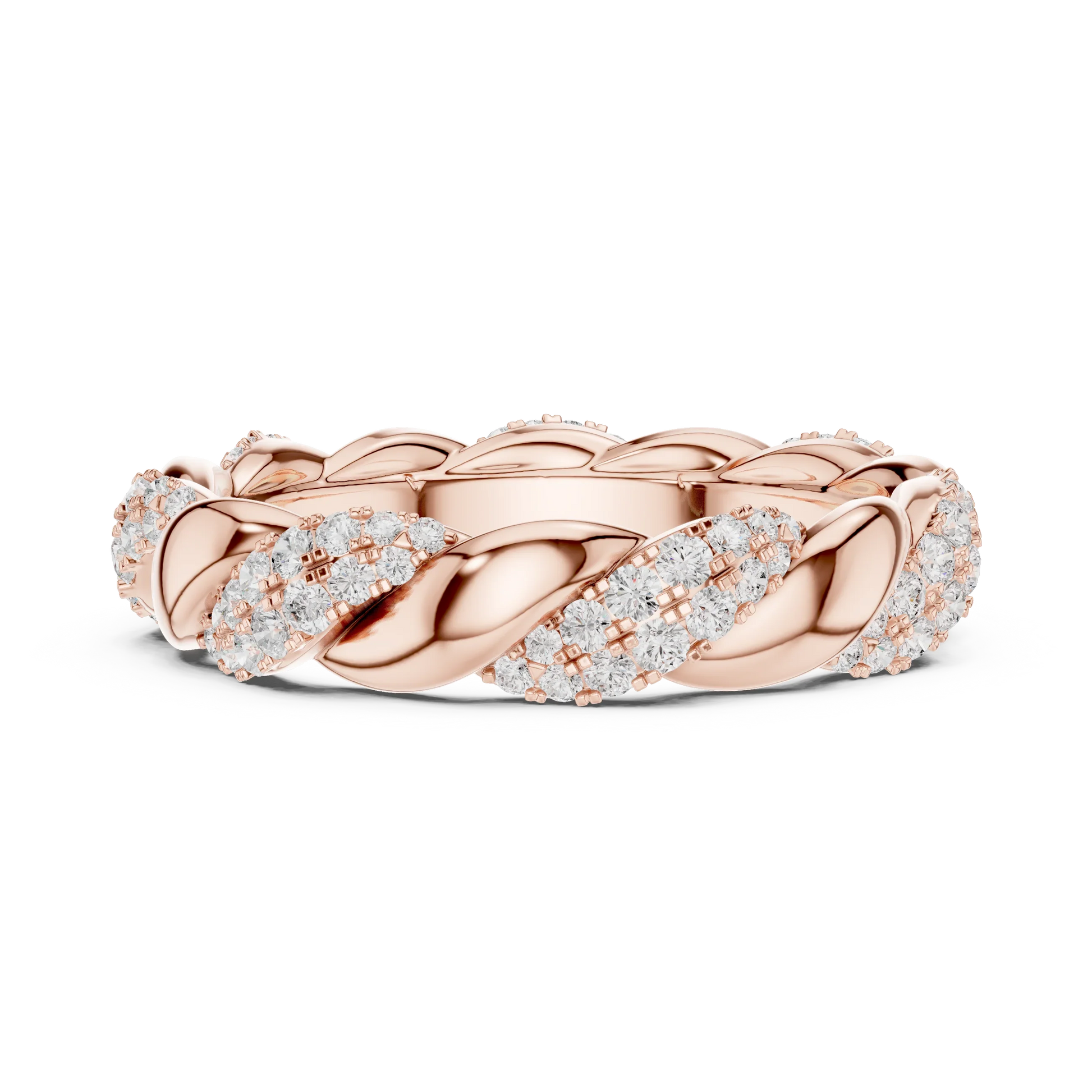 Side view of rose gold eternity band highlighting twisted rope pattern and pav茅 diamond setting