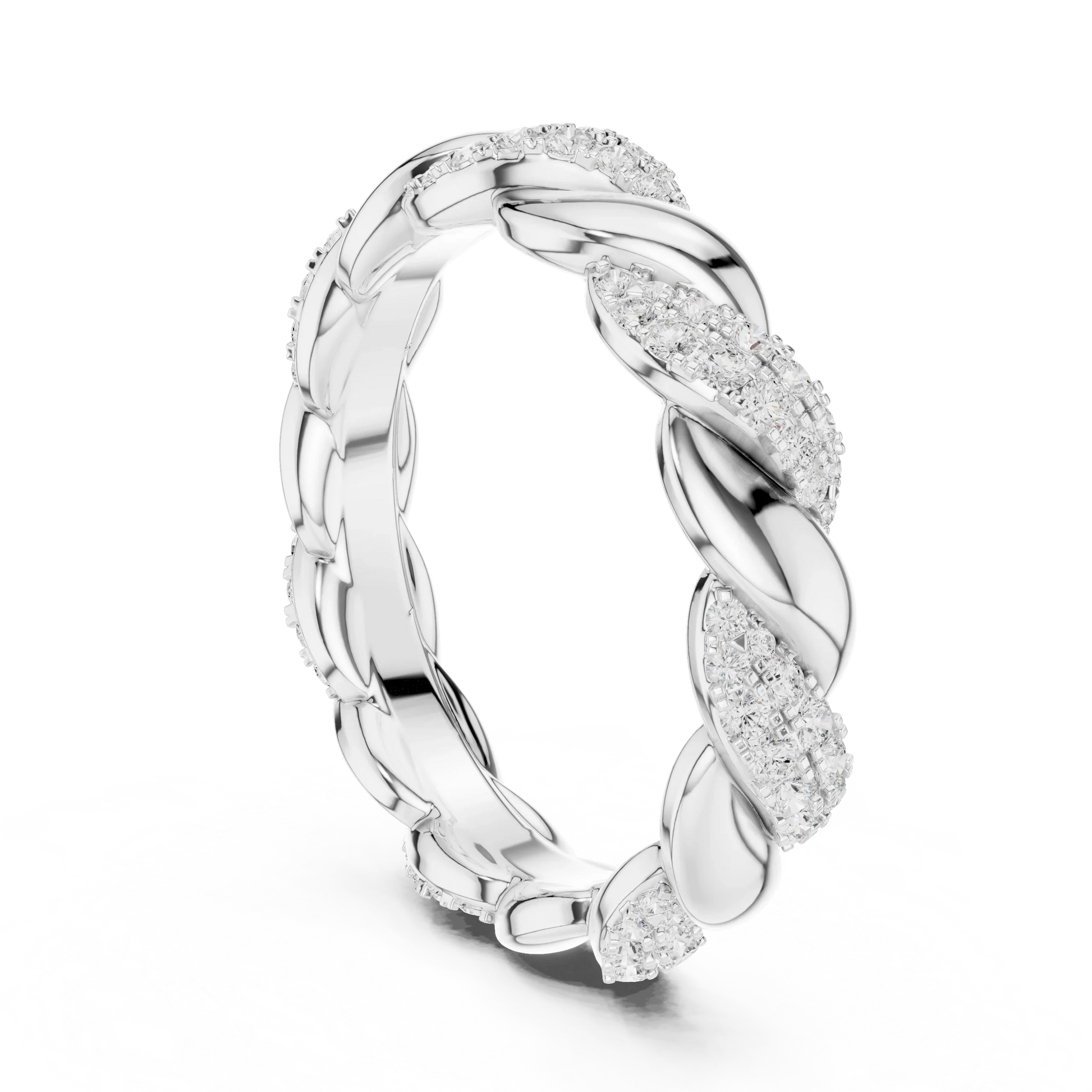 Back view of white gold eternity band with twisted rope design and pav茅 set round lab-grown diamonds