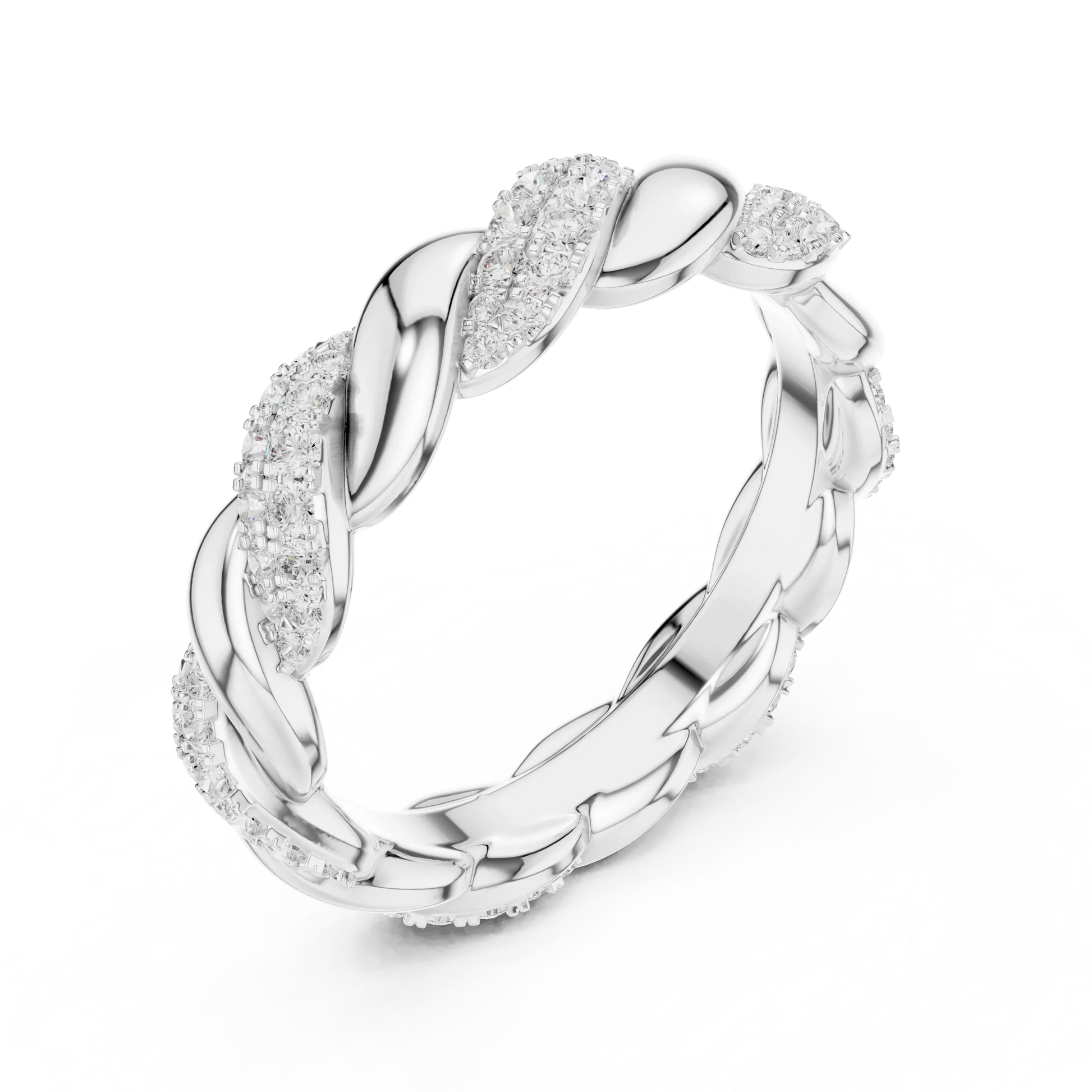 Front view of white gold twisted rope pav茅 eternity band featuring round brilliant lab-grown diamonds