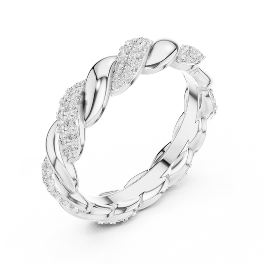Front view of white gold twisted rope pav茅 eternity band featuring round brilliant lab-grown diamonds