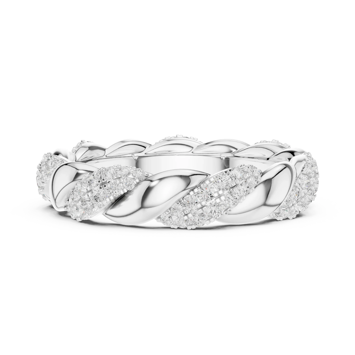 Side view of white gold eternity band highlighting twisted rope pattern and pav茅 diamond setting