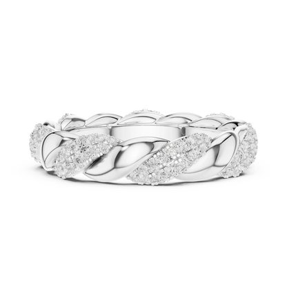 Side view of white gold eternity band highlighting twisted rope pattern and pav茅 diamond setting