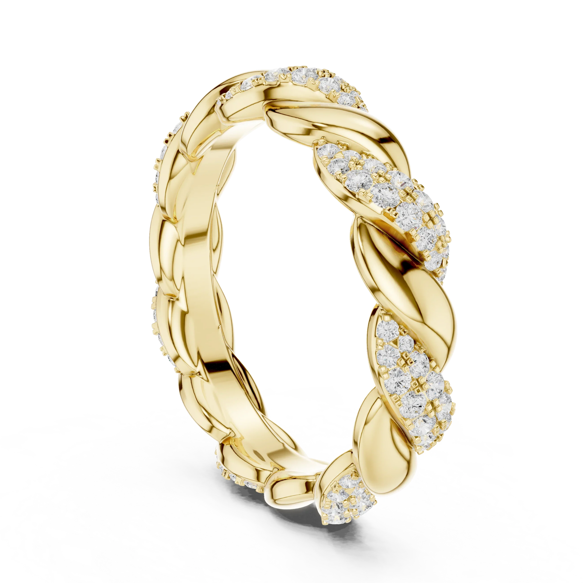 Back view of yellow gold eternity band with twisted rope design and pav茅 set round lab-grown diamonds