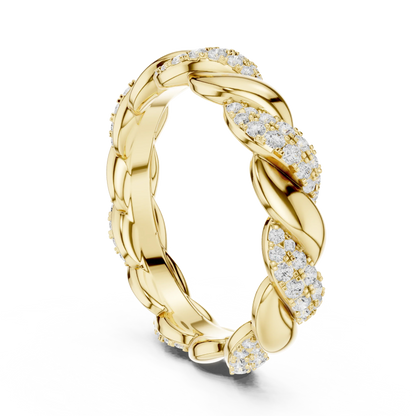 Back view of yellow gold eternity band with twisted rope design and pav茅 set round lab-grown diamonds