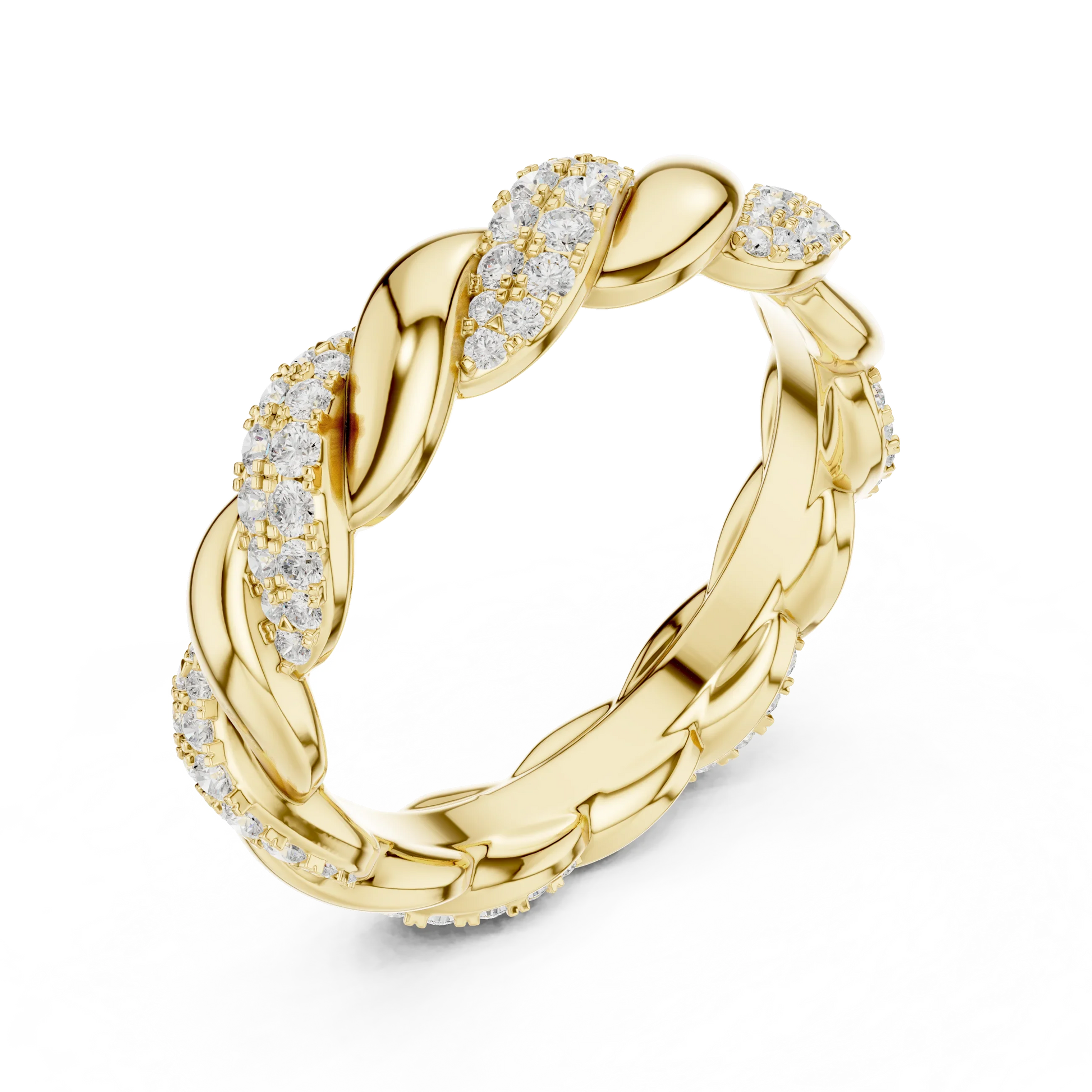 Front view of yellow gold twisted rope pav茅 eternity band showcasing round brilliant lab-grown diamonds