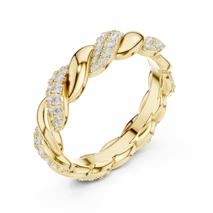 Front view of yellow gold twisted rope pav茅 eternity band showcasing round brilliant lab-grown diamonds