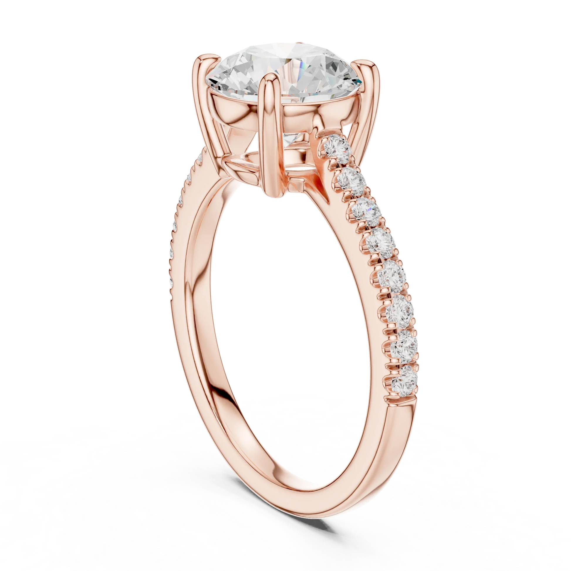 Back side view of rose gold round diamond pavé band ring showing band and setting details