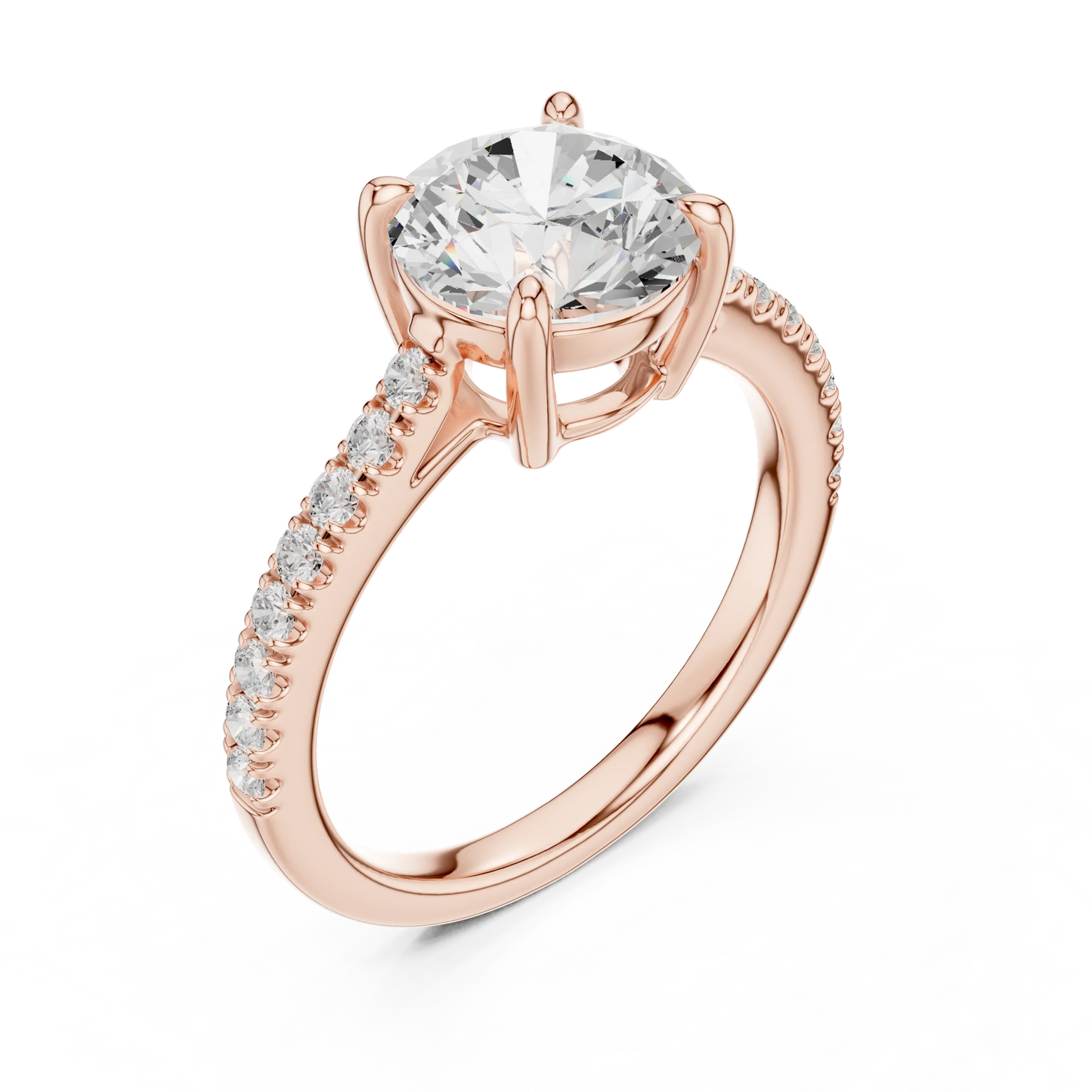 Front view of rose gold round diamond pavé band ring