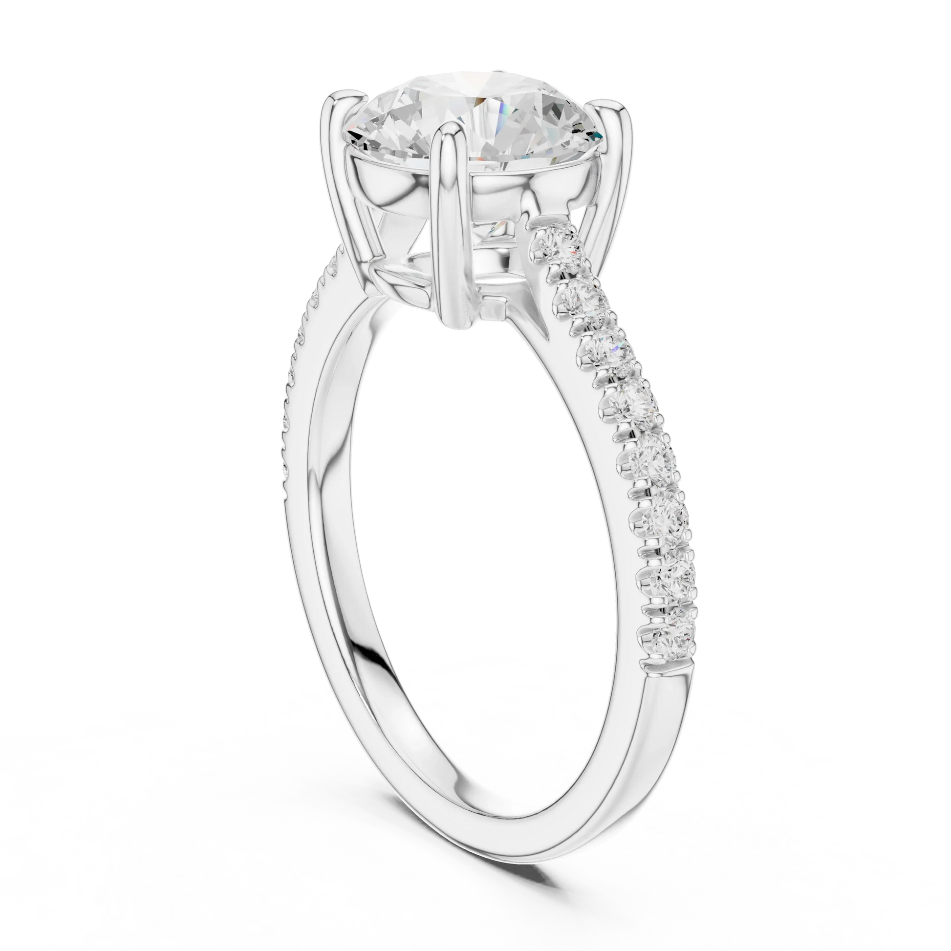 Back side view of white gold round diamond pavé band ring showing band and setting details
