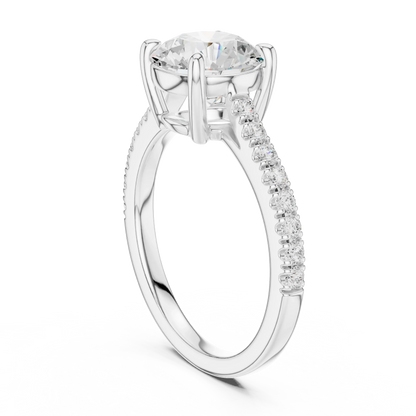 Back side view of white gold round diamond pavé band ring showing band and setting details