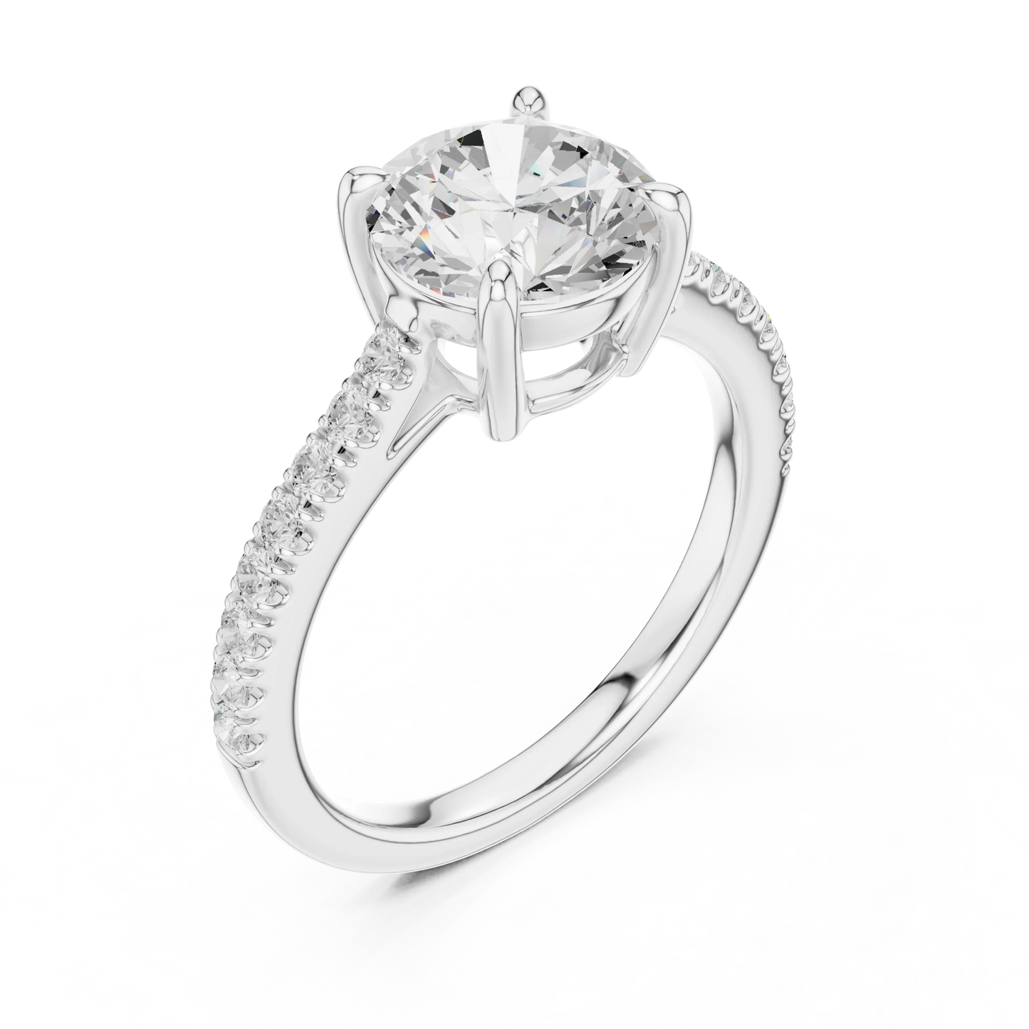 Front view of white gold round diamond pavé band ring