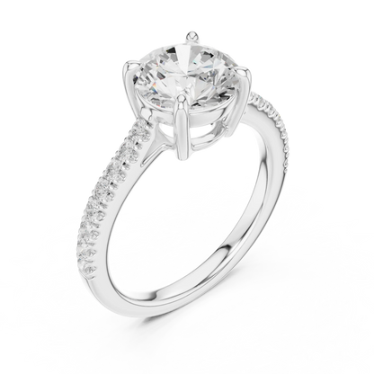 Front view of white gold round diamond pavé band ring