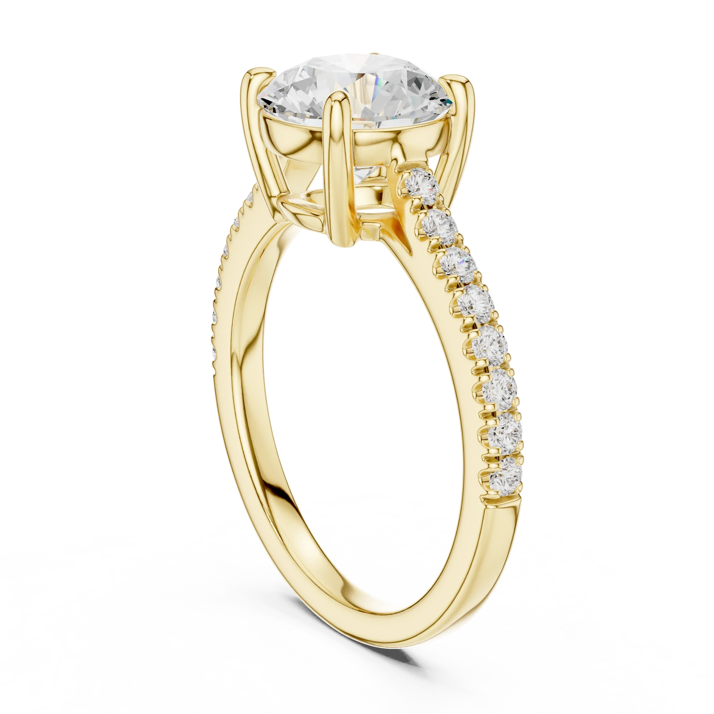 Back side view of yellow gold round diamond pavé band ring showing band structure