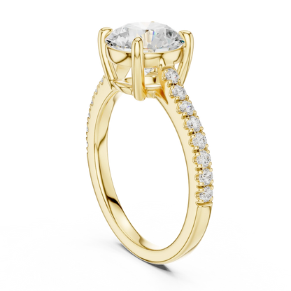Back side view of yellow gold round diamond pavé band ring showing band structure