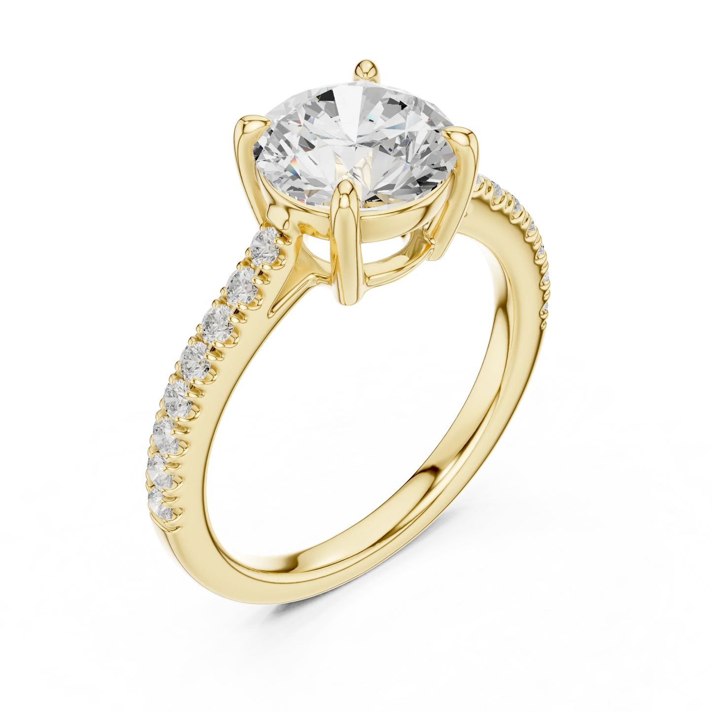 Front view of yellow gold round diamond pavé band ring