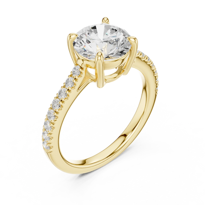 Front view of yellow gold round diamond pavé band ring