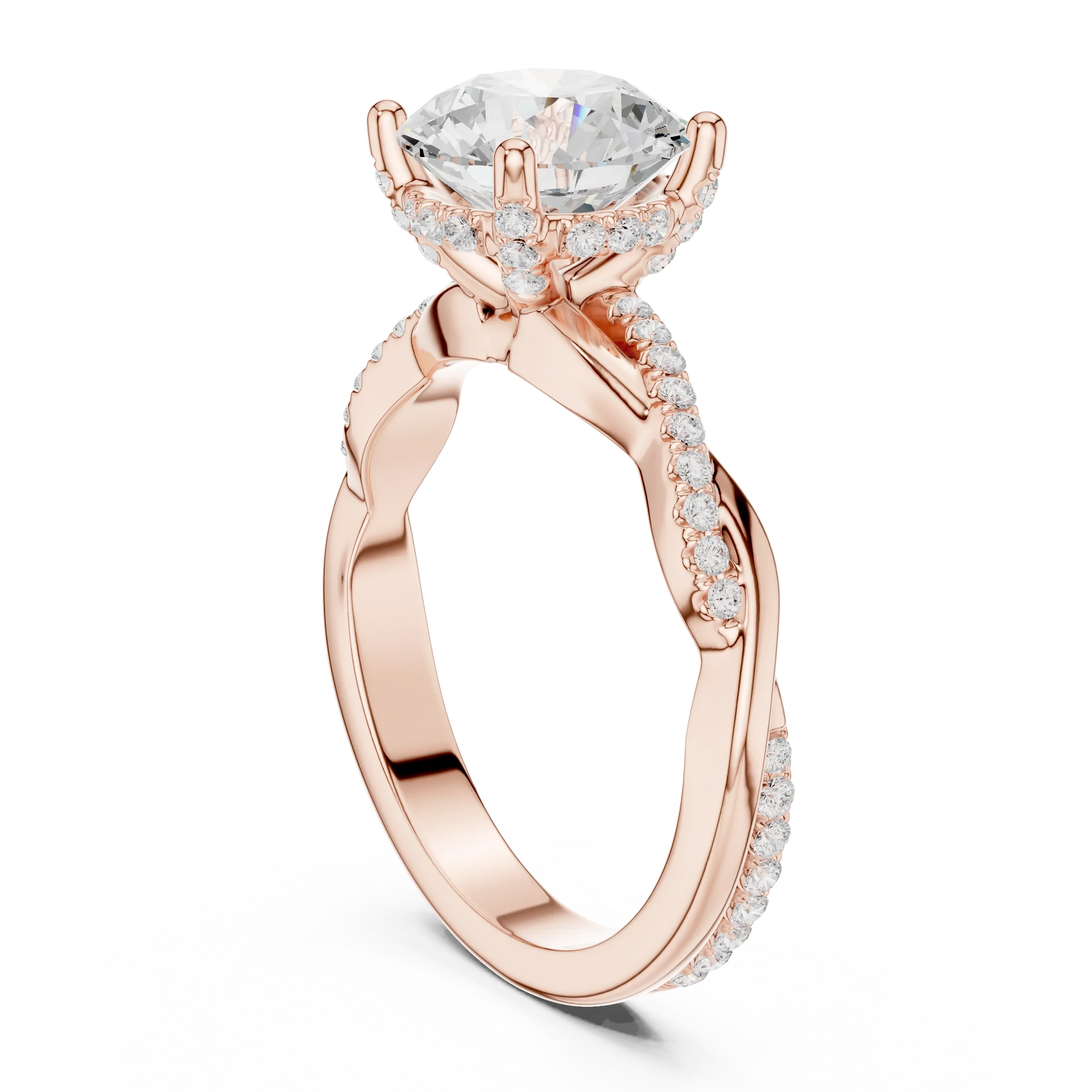 Back view of rose gold round diamond ring with twisted vine pave band and lab-grown diamond – Australia